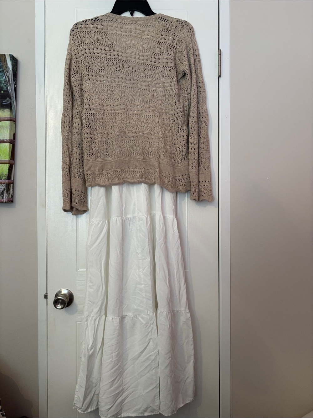 White Smocked Maxi Dress with Tiered Skirt and Crochet Sweater - Picture 4 of 6